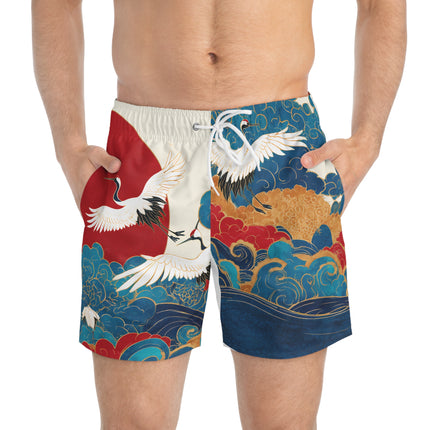 Swim Trunks "Cranes and Sunrise Waves" | Japanese Art Style Beachwear