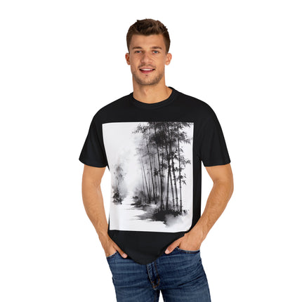 Zen Unisex Garment-Dyed T-shirt "Stillness in the Bamboo Mist" | Sumi-e × Zen × Monochrome Tee