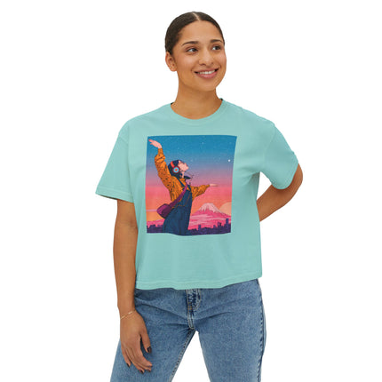 Mt.Fuji Women's Boxy Tee "Dancing Starlight Over Tokyo" | Lo-Fi Dreamcore Girl Tee