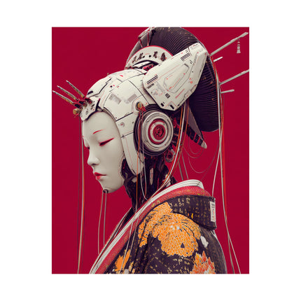 Geisha Matte Vertical Posters "Neo Serenity" | Futuristic Japanese Elegance in Red