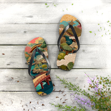 Japanese Pattern Flip Flops "Edo Landscape Harmony" | Japanese-Inspired Rubber Sandals