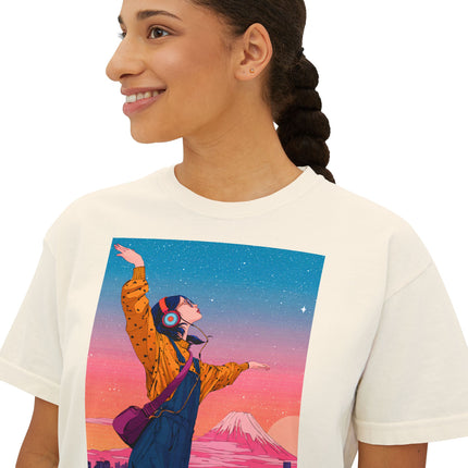 Mt.Fuji Women's Boxy Tee "Dancing Starlight Over Tokyo" | Lo-Fi Dreamcore Girl Tee