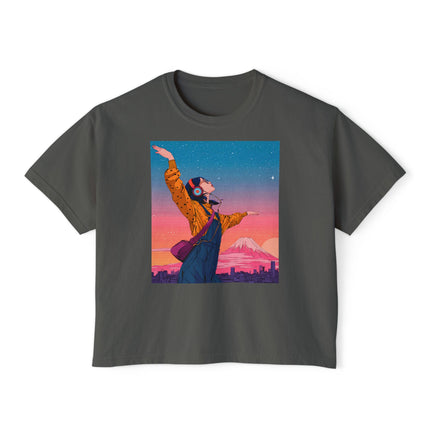 Mt.Fuji Women's Boxy Tee "Dancing Starlight Over Tokyo" | Lo-Fi Dreamcore Girl Tee