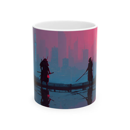 Samurai Ceramic Mug | Cyberpunk Showdown in Neon Hues