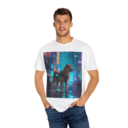 Cyberpunk Shiba Inu Unisex Garment-Dyed T-shirt "Tokyo Sentinel" | Neon City Dog Tee