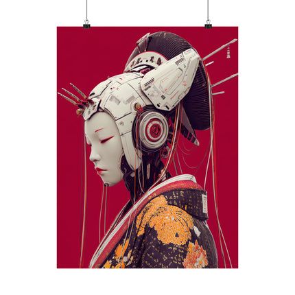 Geisha Matte Vertical Posters "Neo Serenity" | Futuristic Japanese Elegance in Red