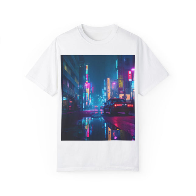 Cyber Tokyo Unisex Garment-Dyed T-shirt | Neon Taxi Street Scene