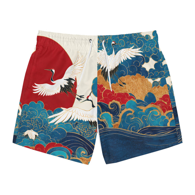 Cranes and Sunrise Waves Swim Trunks | Japanese Art Style Beachwear