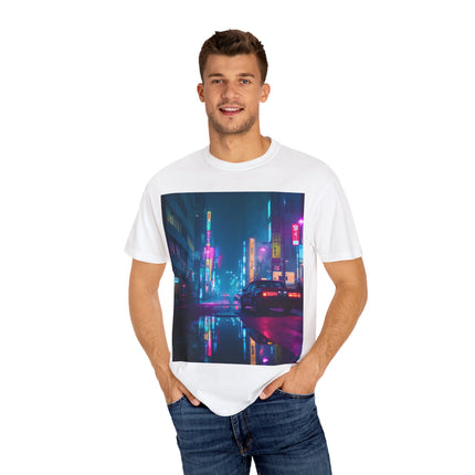 Cyber Tokyo Unisex Garment-Dyed T-shirt "Nights" | Neon Taxi Street Scene Cyberpunk Tee