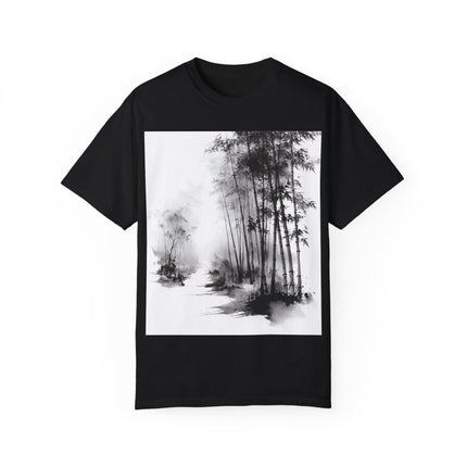 Zen Unisex Garment-Dyed T-shirt "Stillness in the Bamboo Mist" | Sumi-e × Zen × Monochrome Tee