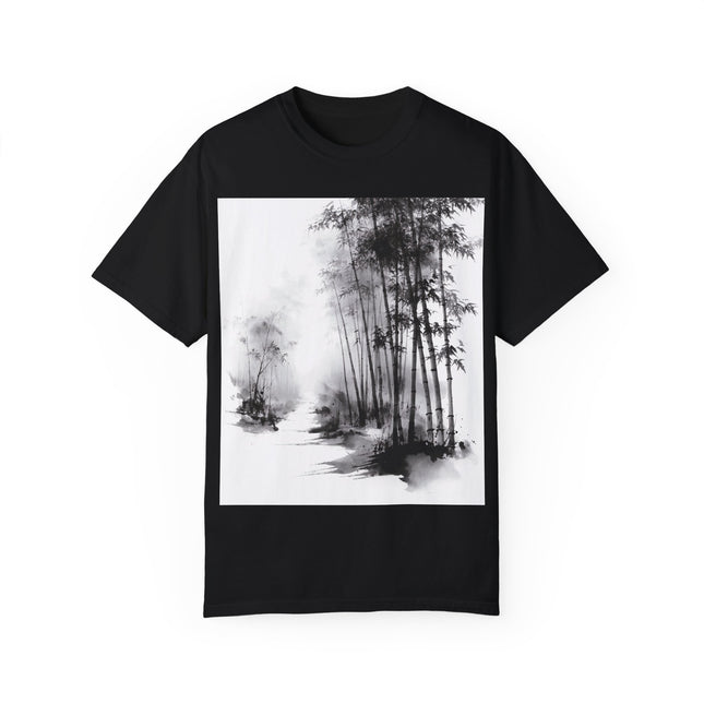 Zen Unisex Garment-Dyed T-shirt "Stillness in the Bamboo Mist" | Sumi-e × Zen × Monochrome Tee