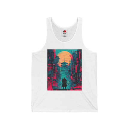 Samurai Unisex Jersey Tank Top | Sunset Pagoda Cyber Samurai