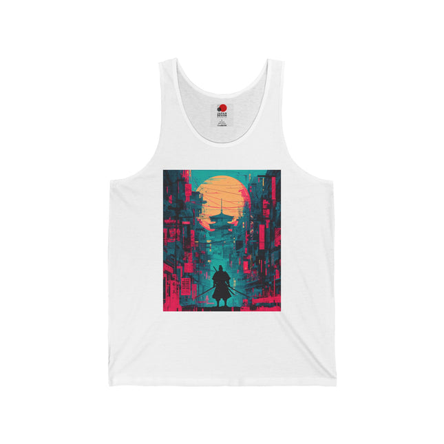 Samurai Unisex Jersey Tank Top | Sunset Pagoda Cyber Samurai