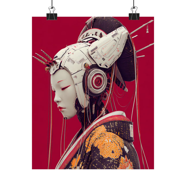 Geisha Matte Vertical Poster | Futuristic Japanese Elegance in Red