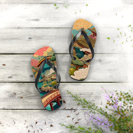 Japanese Pattern Flip Flops "Edo Landscape Harmony" | Japanese-Inspired Rubber Sandals