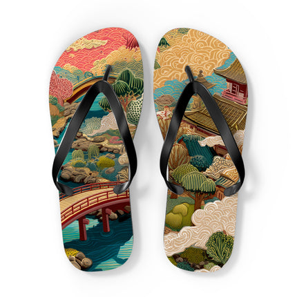Japanese Pattern Flip Flops "Edo Landscape Harmony" | Japanese-Inspired Rubber Sandals