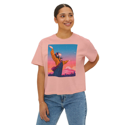 Mt.Fuji Women's Boxy Tee "Dancing Starlight Over Tokyo" | Lo-Fi Dreamcore Girl Tee