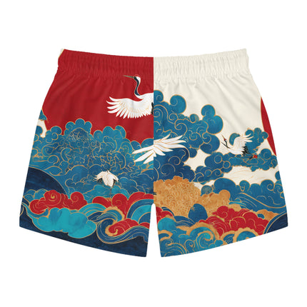Swim Trunks "Cranes and Sunrise Waves" | Japanese Art Style Beachwear