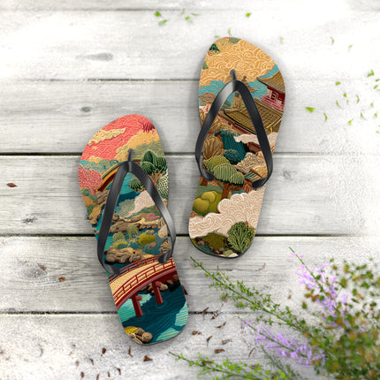 Japanese Pattern Flip Flops "Edo Landscape Harmony" | Japanese-Inspired Rubber Sandals