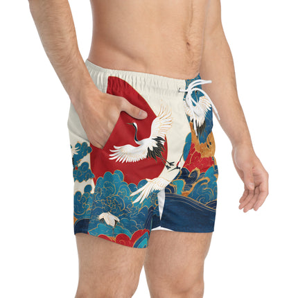 Swim Trunks "Cranes and Sunrise Waves" | Japanese Art Style Beachwear