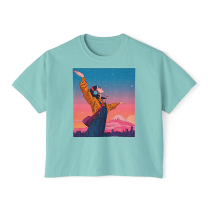 Mt.Fuji Women's Boxy Tee "Dancing Starlight Over Tokyo" | Lo-Fi Dreamcore Girl Tee