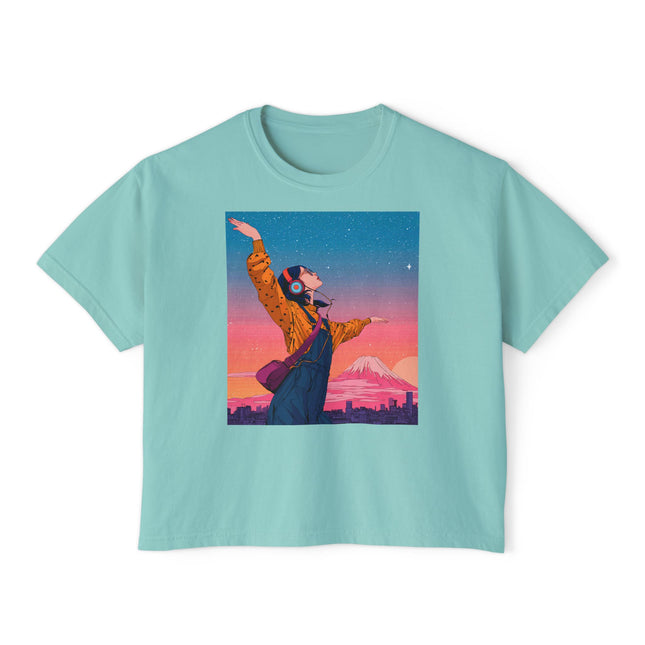 Mt.Fuji Women's Boxy Tee "Dancing Starlight Over Tokyo" | Lo-Fi Dreamcore Girl Tee
