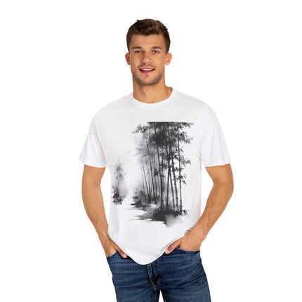 Zen Unisex Garment-Dyed T-shirt "Stillness in the Bamboo Mist" | Sumi-e × Zen × Monochrome Tee