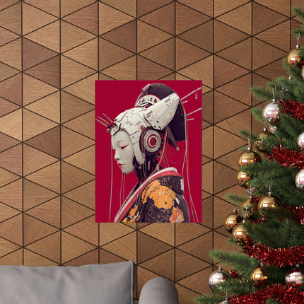 Geisha Matte Vertical Posters "Neo Serenity" | Futuristic Japanese Elegance in Red