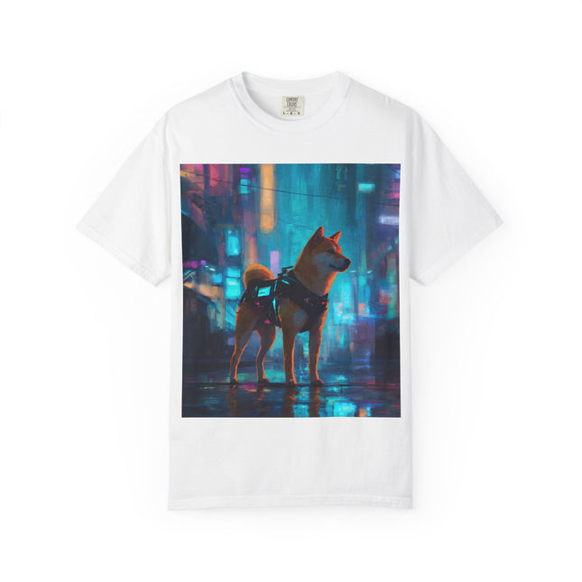 Cyberpunk Shiba Inu Unisex Garment-Dyed T-shirt "Tokyo Sentinel" | Neon City Dog Tee