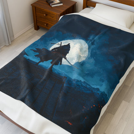 Ninja Velveteen Plush Blanket "Silent Moon Ninja" | Japanese Stealth Warrior Decor