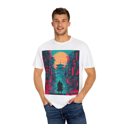 Samurai Unisex Garment-Dyed T-shirt "Tasogare" | Japanese Retro Neon Warrior Shirt
