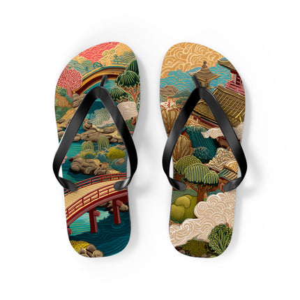 Japanese Pattern Flip Flops "Edo Landscape Harmony" | Japanese-Inspired Rubber Sandals