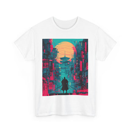 Samurai Unisex Heavy Cotton Tee "Tasogare" | Neon Twilight Samurai Graphic Tee