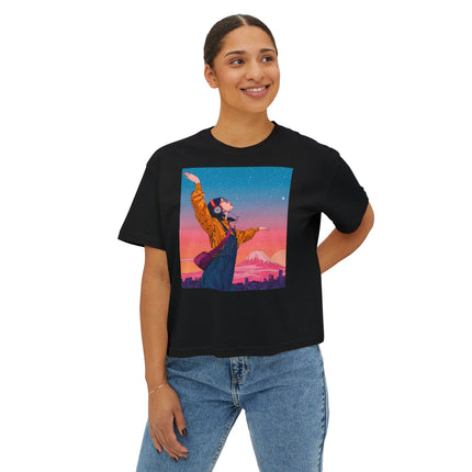 Mt.Fuji Women's Boxy Tee "Dancing Starlight Over Tokyo" | Lo-Fi Dreamcore Girl Tee