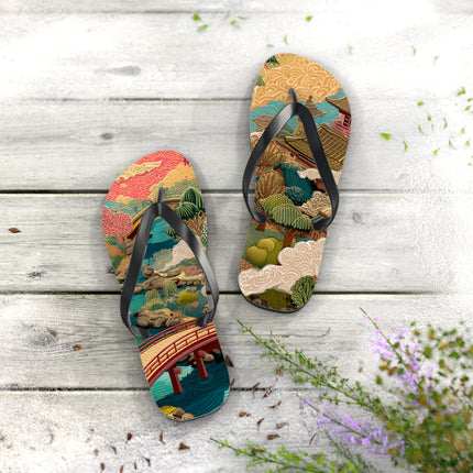 Japanese Pattern Flip Flops "Edo Landscape Harmony" | Japanese-Inspired Rubber Sandals