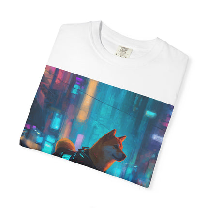 Cyberpunk Shiba Inu Unisex Garment-Dyed T-shirt "Tokyo Sentinel" | Neon City Dog Tee